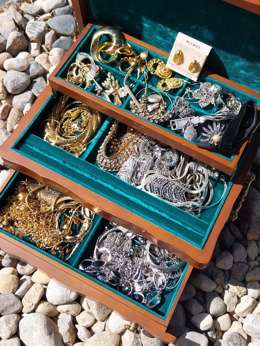 Mixed Gold & Silver Jewelry Lot in Wooden Velvet- Lined Box
